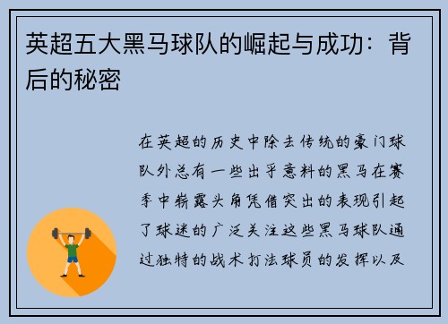 英超五大黑马球队的崛起与成功：背后的秘密