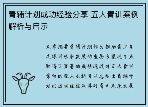 青辅计划成功经验分享 五大青训案例解析与启示